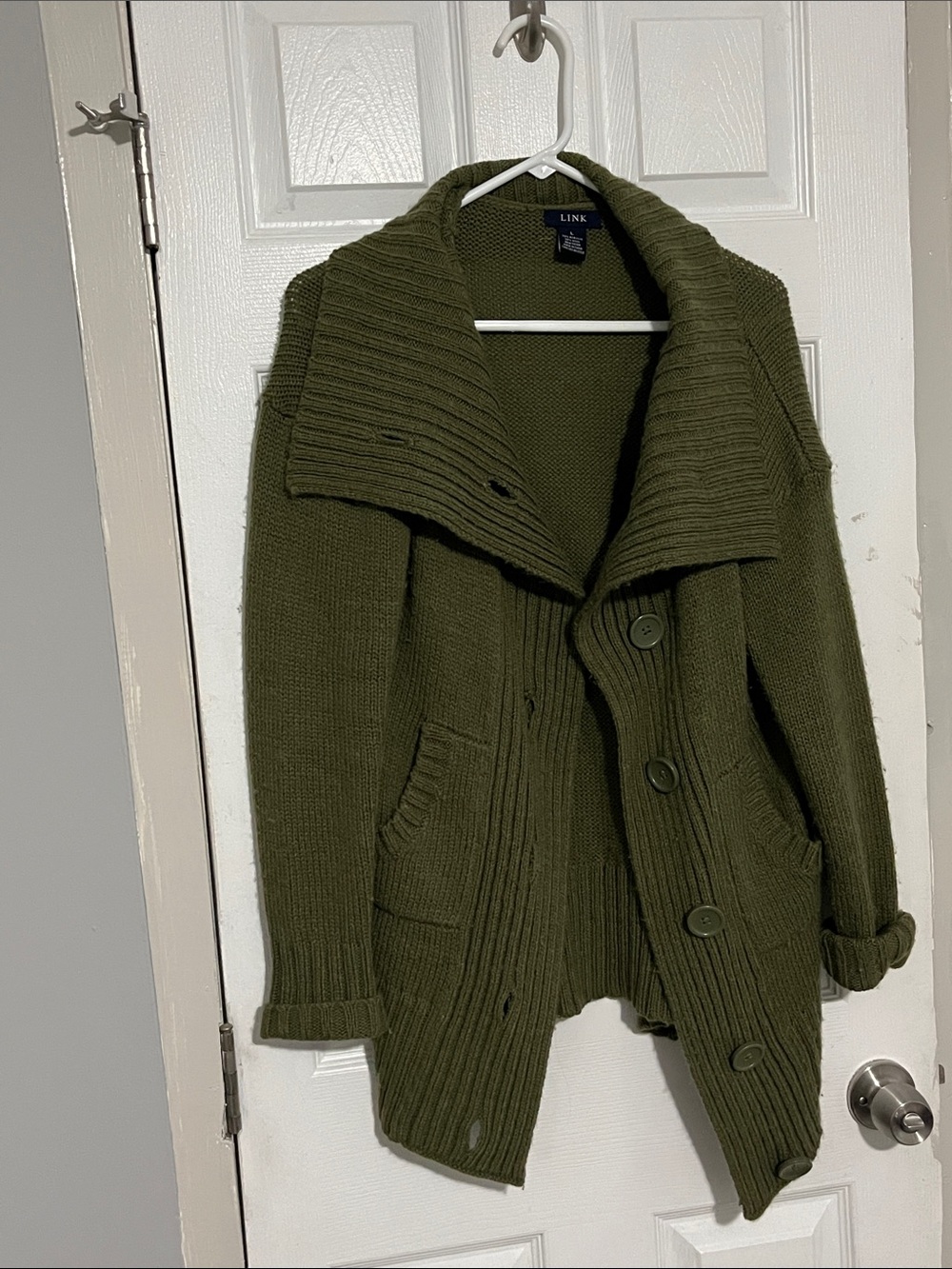 Link Olive Green Ribbed Shawl Collar Button-Up Cardigan